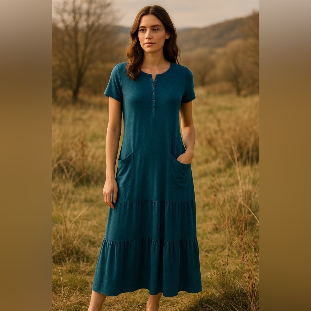 Wrap London Linen Jersey Midi Maxi Dress Deep Petrol Teal Minimalist US 2 UK 6